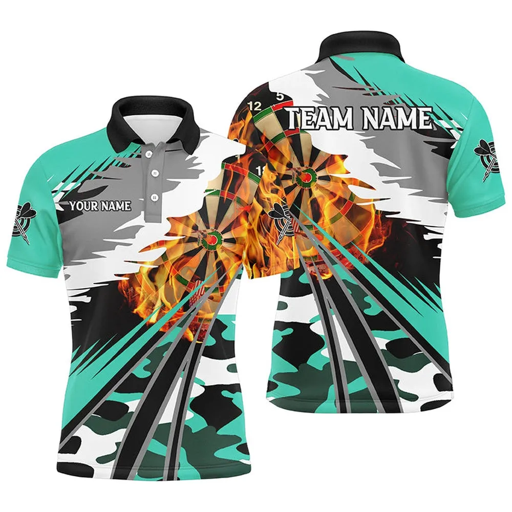 3D Dartboard Fire Men Darts Polo & Quarter Zip Jerseys Custom Camo Turquoise Darts Team Jerseys, Custom Dart Shirts, Gift Ideas For Dart Players