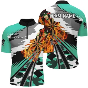 3D Dartboard Fire Men Darts Polo & Quarter Zip Jerseys Custom Camo Turquoise Darts Team Jerseys, Custom Dart Shirts, Gift Ideas For Dart Players