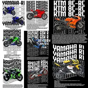 8 Bikes Streetwear Designs Bundle PNG PSD