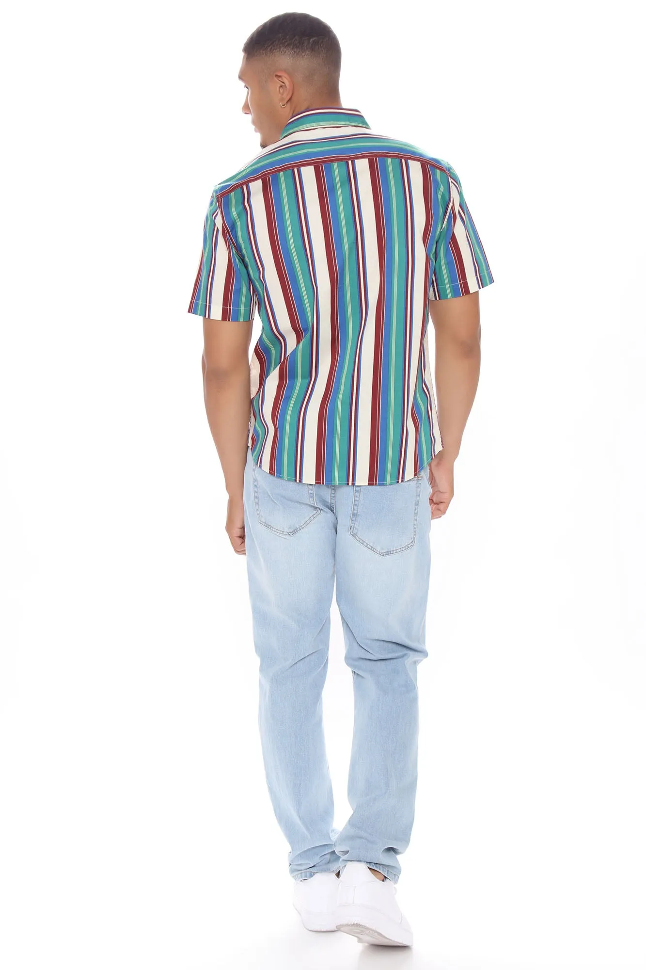 90s Vertical Striped Short Sleeve Woven Top - Blue/combo