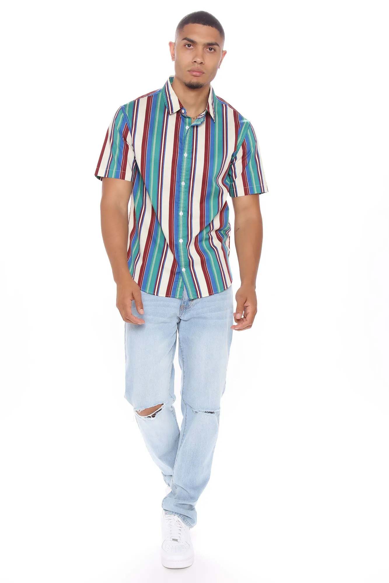 90s Vertical Striped Short Sleeve Woven Top - Blue/combo