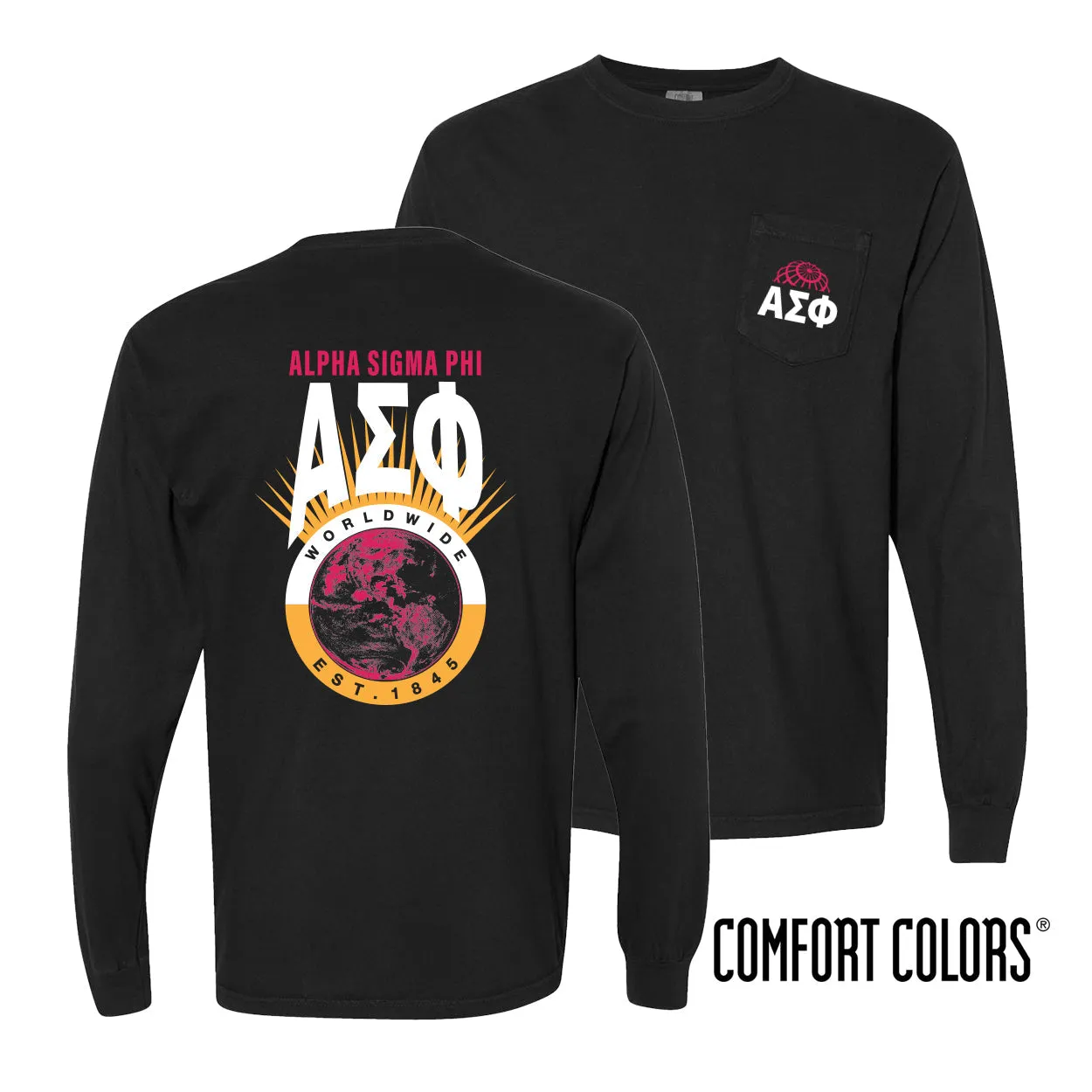 Alpha Sig Comfort Colors Retro Worldwide Long Sleeve Tee