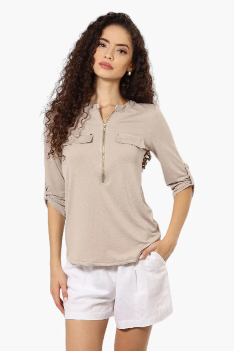 Beechers Brook Solid Half Zip Roll Up Sleeve Shirt - Beige