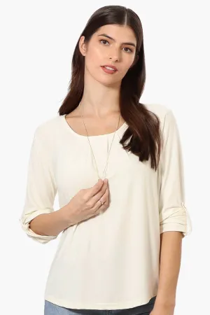 Beechers Brook Solid Roll Up Sleeve Necklace Blouse - Cream