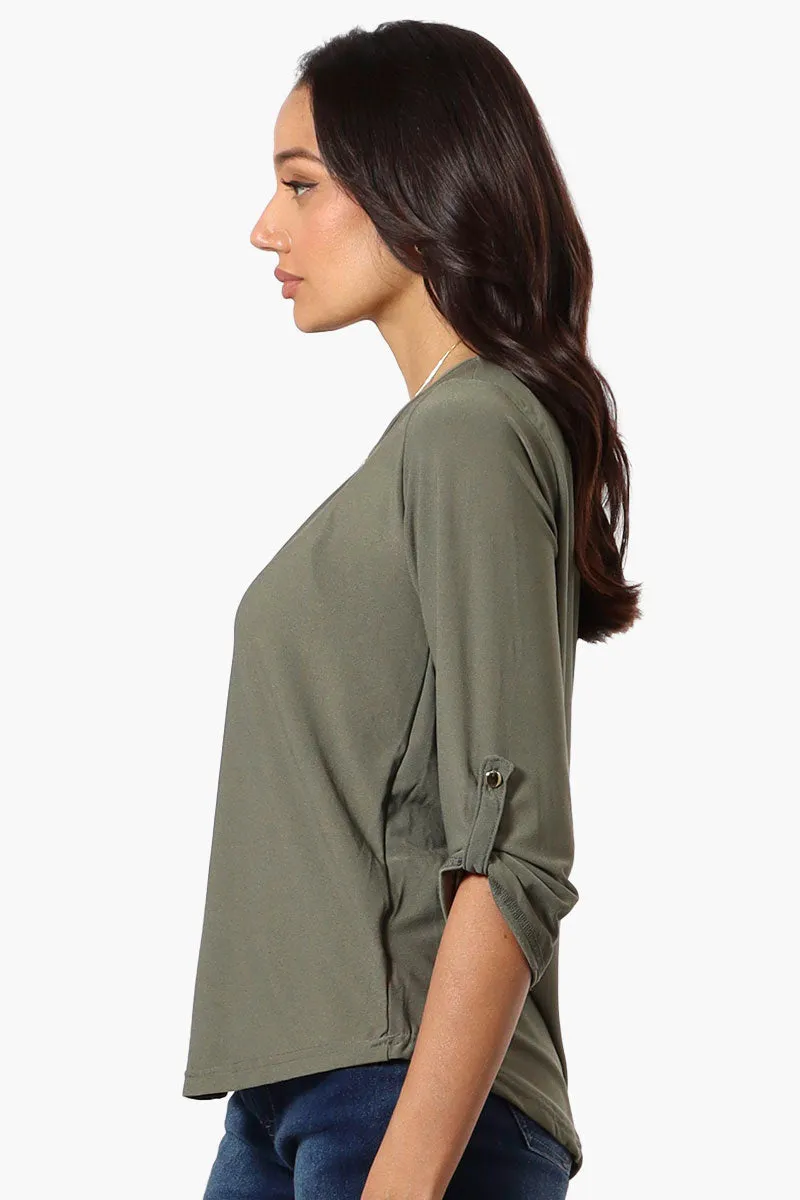 Beechers Brook Solid Roll Up Sleeve Necklace Blouse - Olive