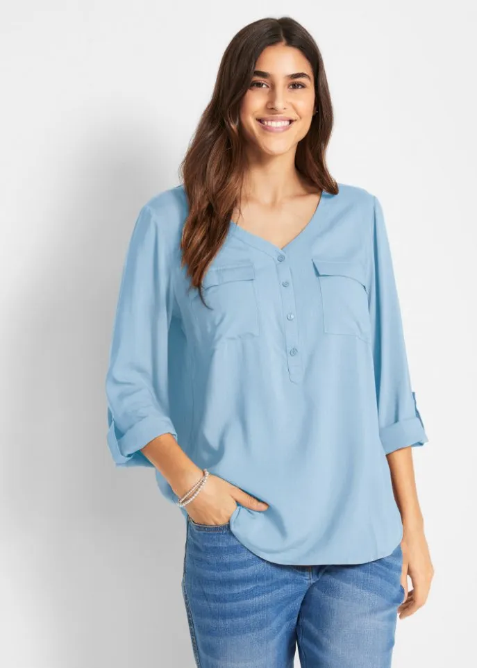 Blouse with v-neck and long sleeves Bpc Bonprix Collection, blue