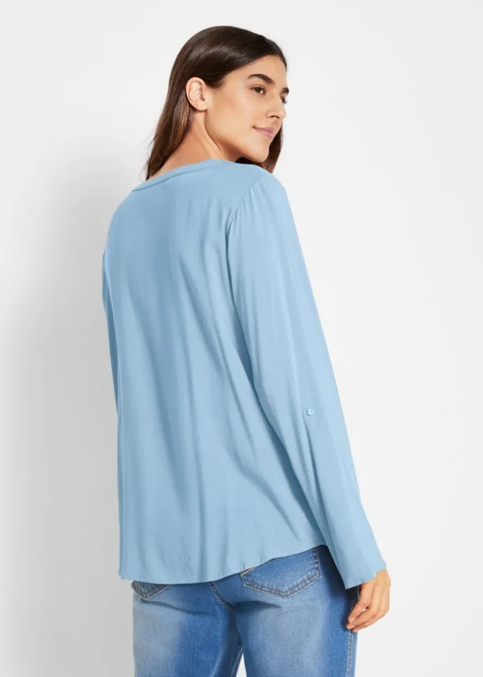 Blouse with v-neck and long sleeves Bpc Bonprix Collection, blue