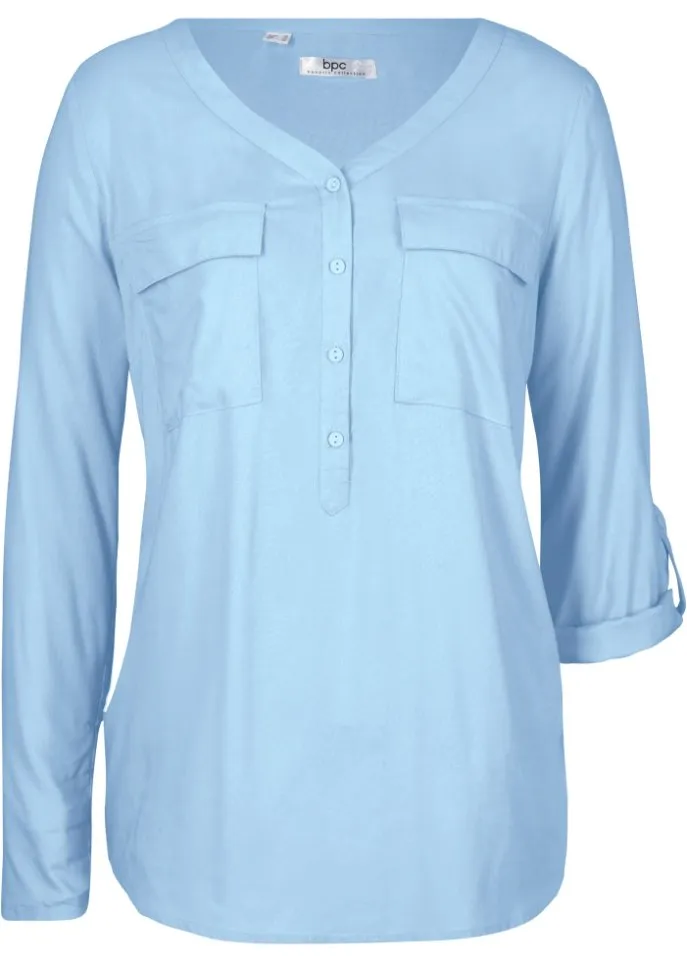 Blouse with v-neck and long sleeves Bpc Bonprix Collection, blue