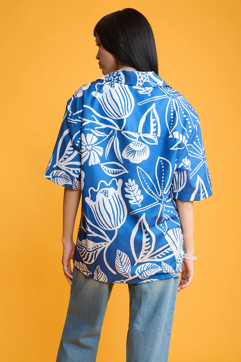 Blue Flower Print Women's Resort Shirt