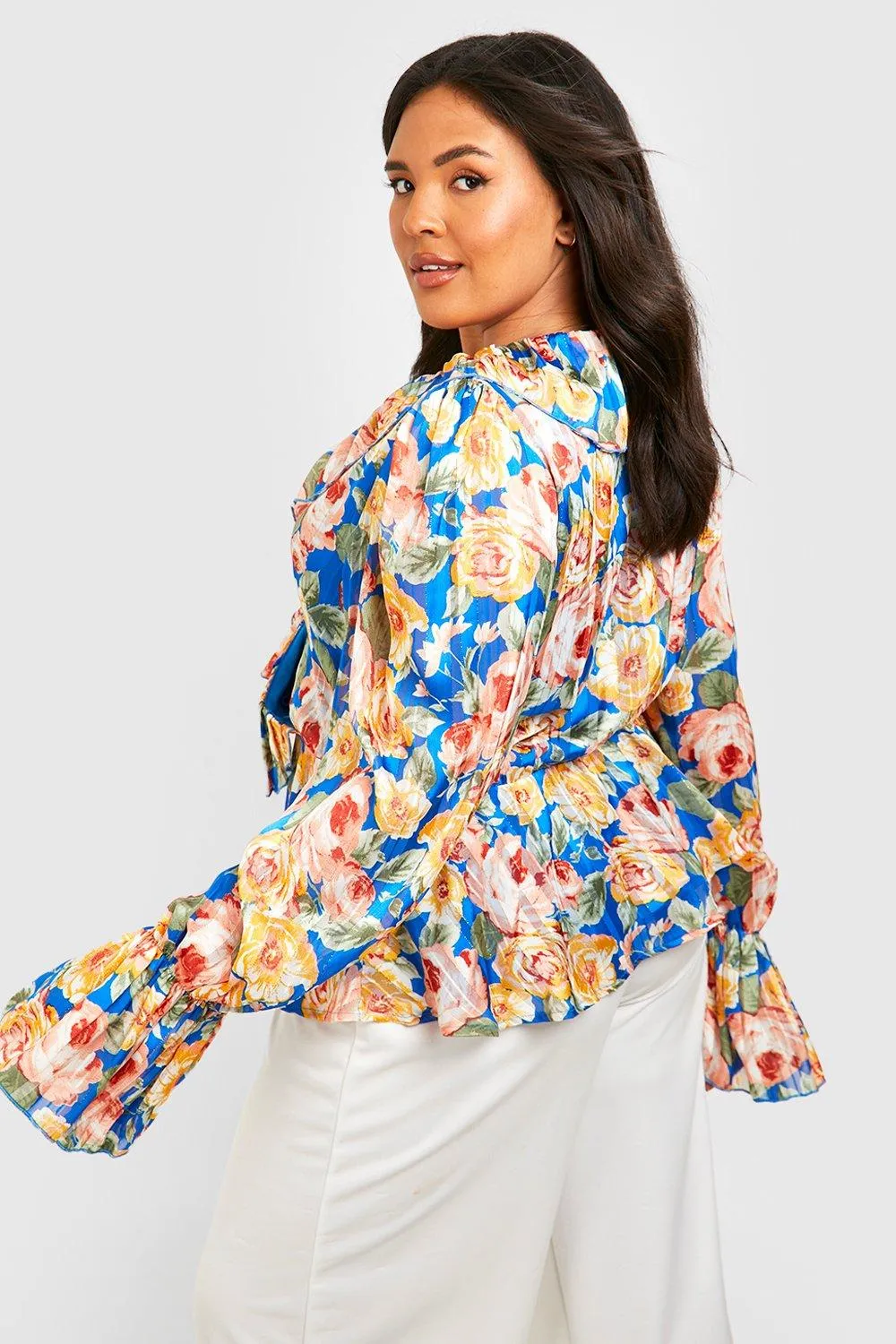 Boohoo Floral Front Wrap Blouse, Blue