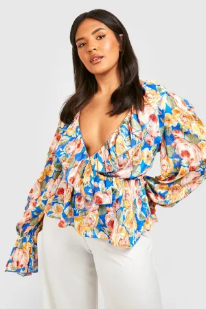 Boohoo Floral Front Wrap Blouse, Blue