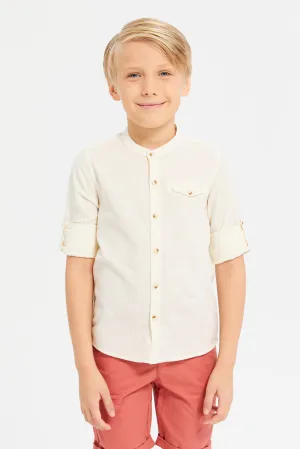 Boys Beige Long Sleeve Oxford Shirt With Pocket