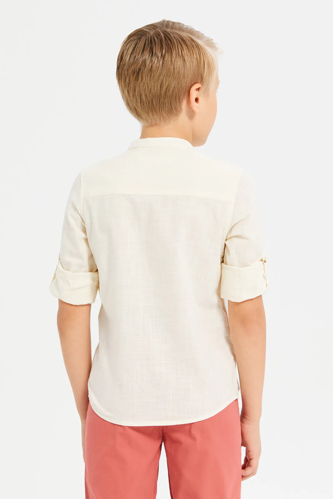 Boys Beige Long Sleeve Oxford Shirt With Pocket