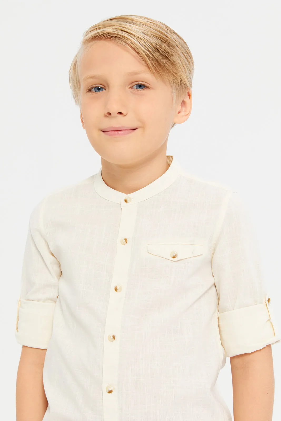 Boys Beige Long Sleeve Oxford Shirt With Pocket