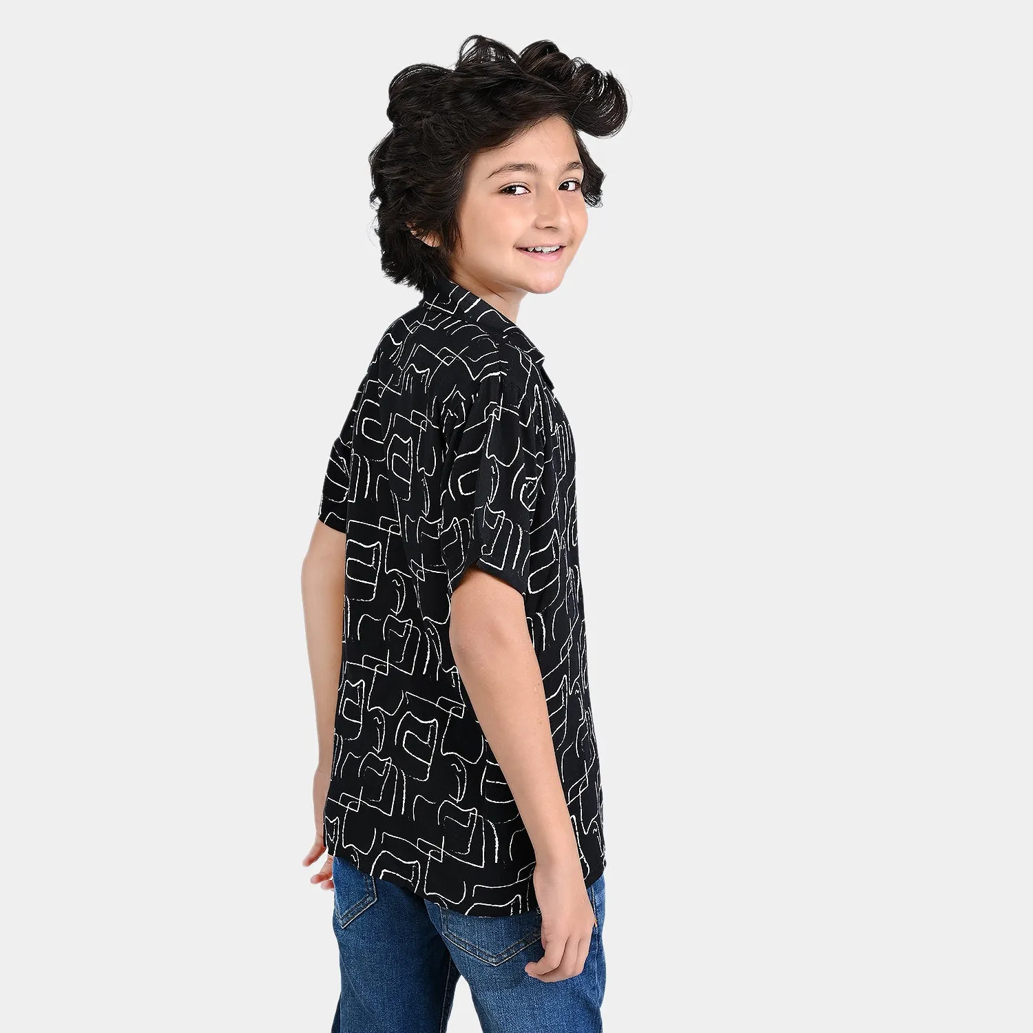 Boys Cotton Viscose Casual Shirt H/S (Lines)-BLACK