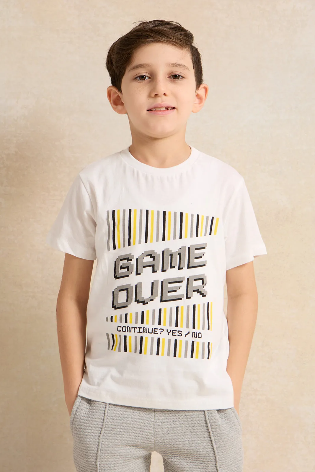 Boys Grey And White Shirt With T-Shirt Set (2 Piece)