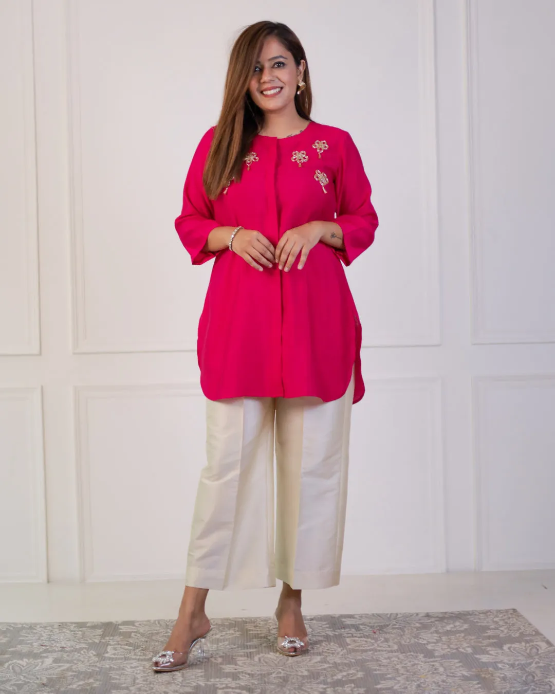 Cerise Pink Solid Embellished Shirt