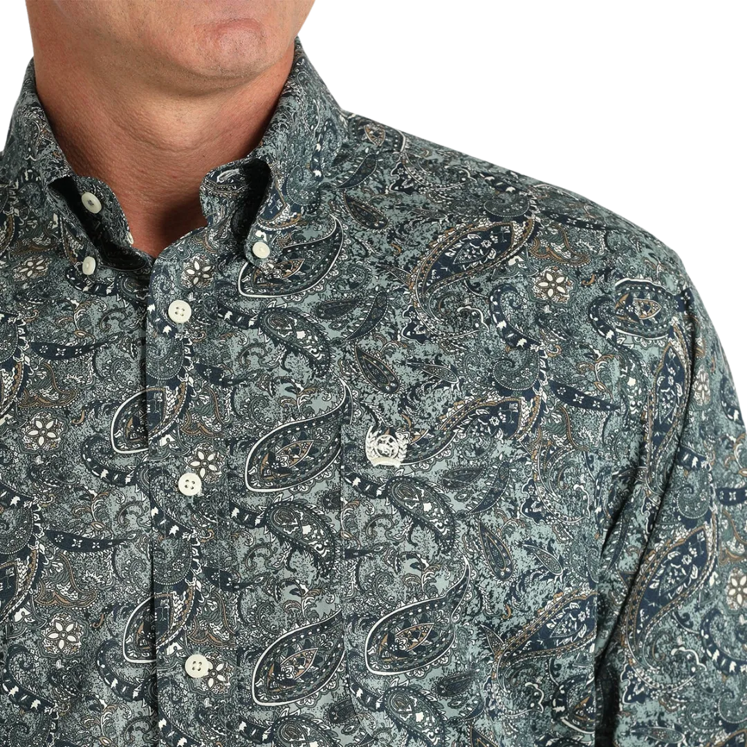 Cinch Men's Button Down Green And Cream Shirt