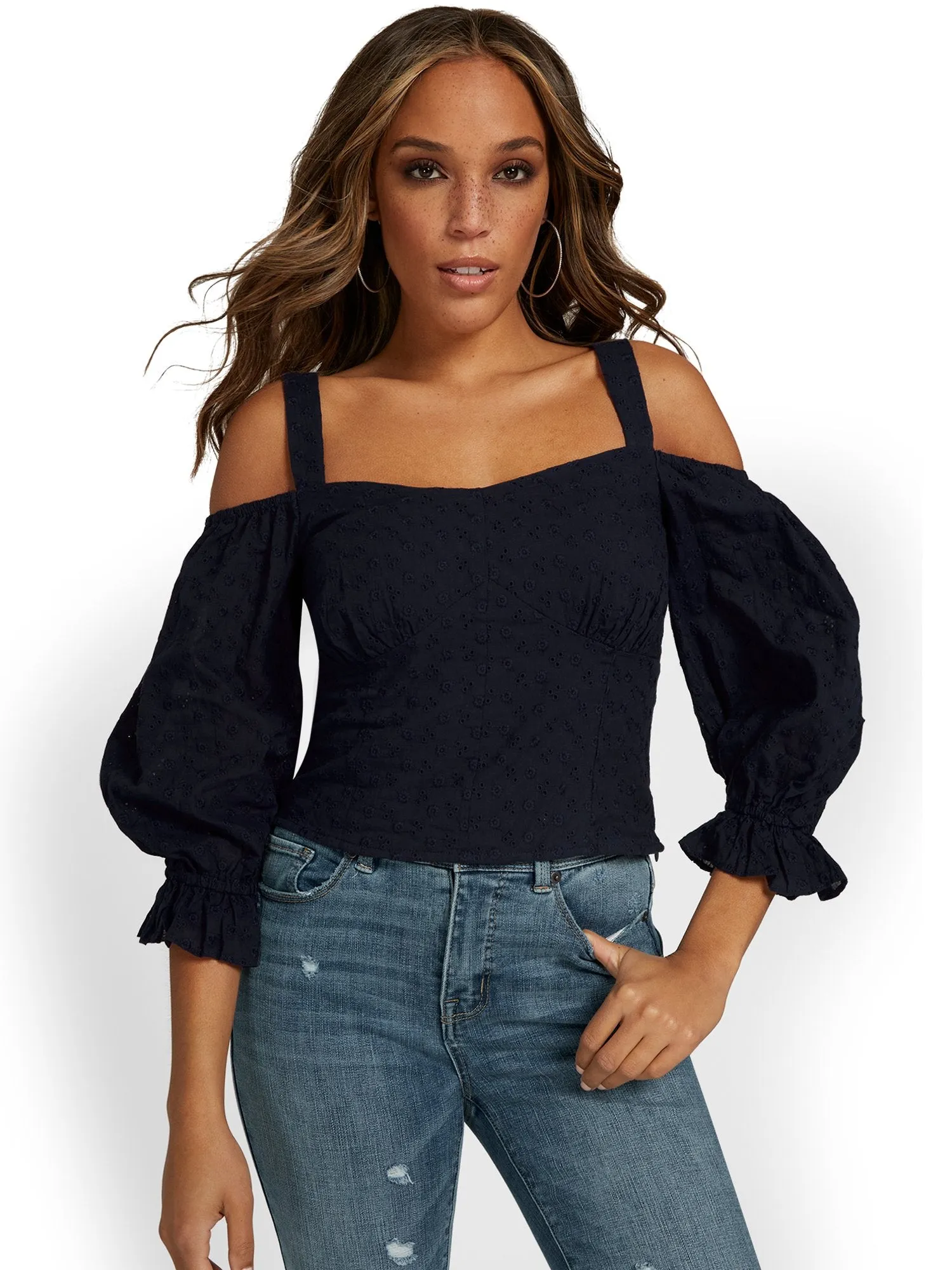 Cold-Shoulder Eyelet Blouse - Lily & Cali