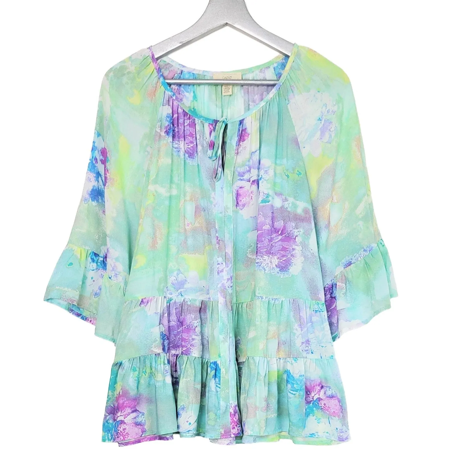 Cupio Blush Peasant Ruffle Sleeves Tired Hem Watercolor Print Blouse Tunic