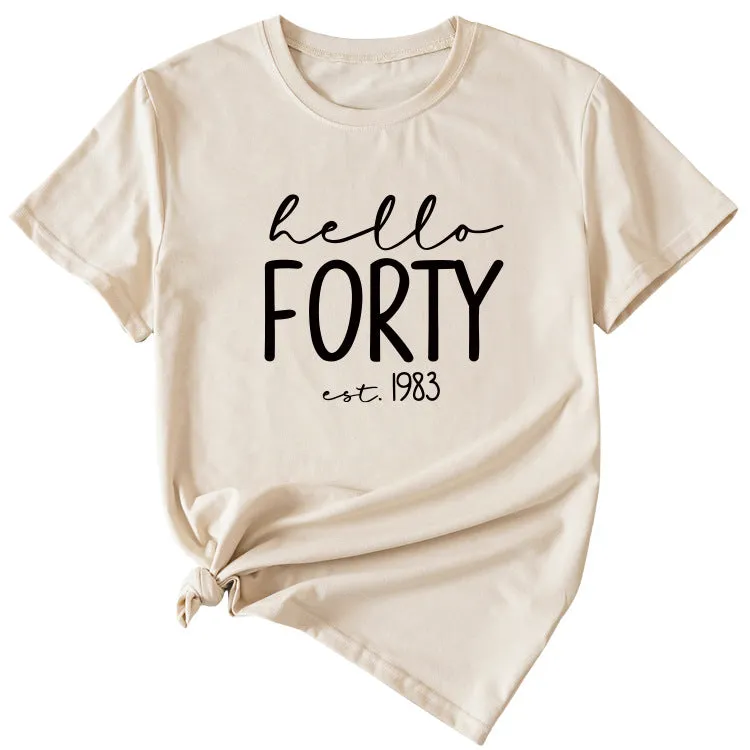 English Letter Hello Forest Est 1983 Round Neck Short Sleeve T-shirt
