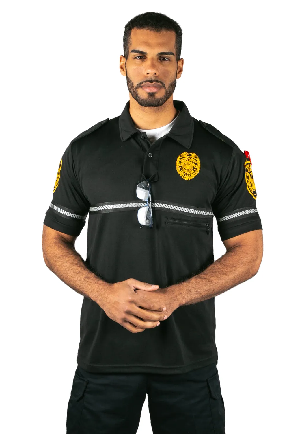 First Class Security Badge and Patch Bike Patrol Polo Shirt with Zipper Pocket and Reflective Hash Stripes