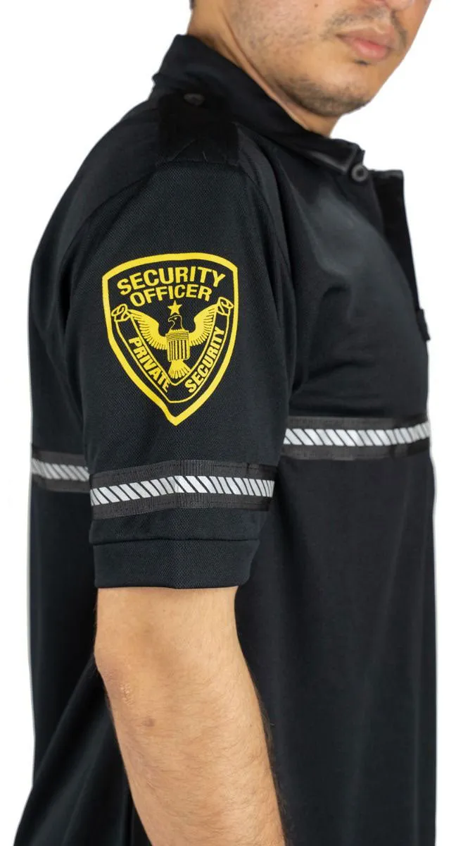 First Class Security Badge and Patch Bike Patrol Polo Shirt with Zipper Pocket and Reflective Hash Stripes