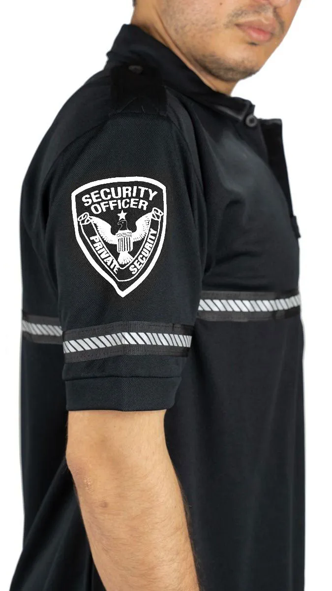 First Class Security Badge and Patch Bike Patrol Polo Shirt with Zipper Pocket and Reflective Hash Stripes