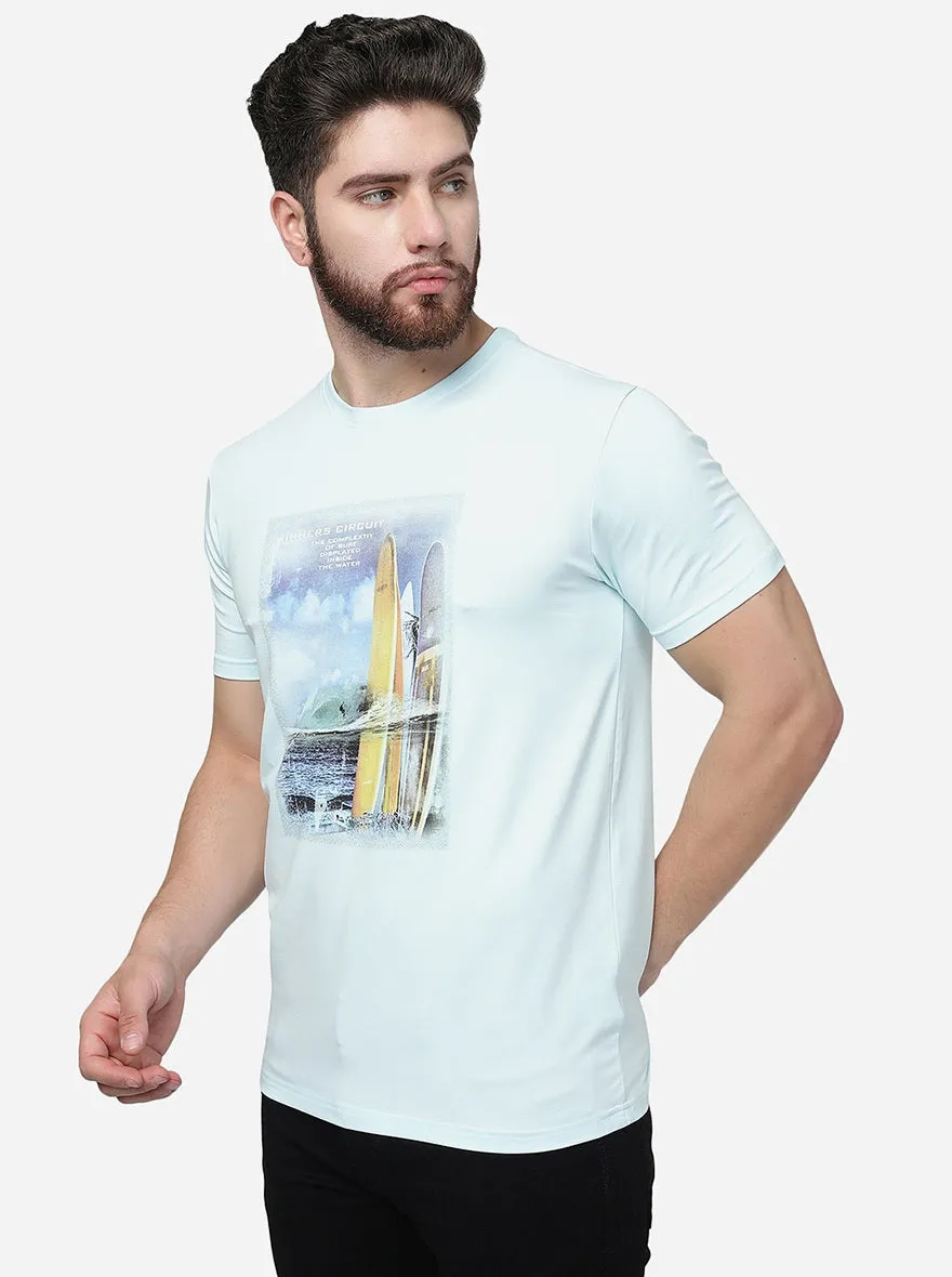 Glass Blue Printed Slim Fit T-Shirt | JadeBlue