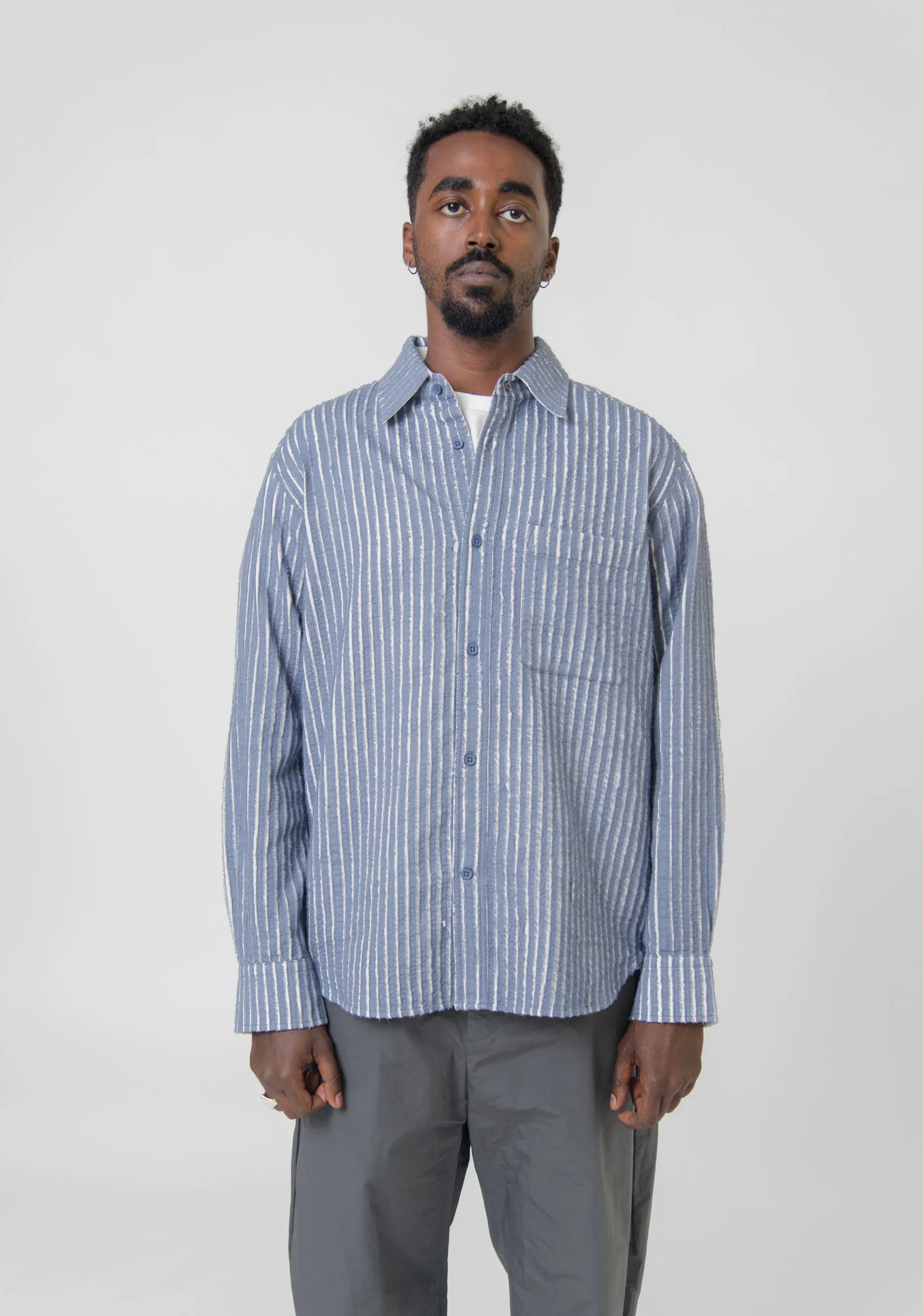 Hand Frayed Stripe Shirt Blue/Chalk