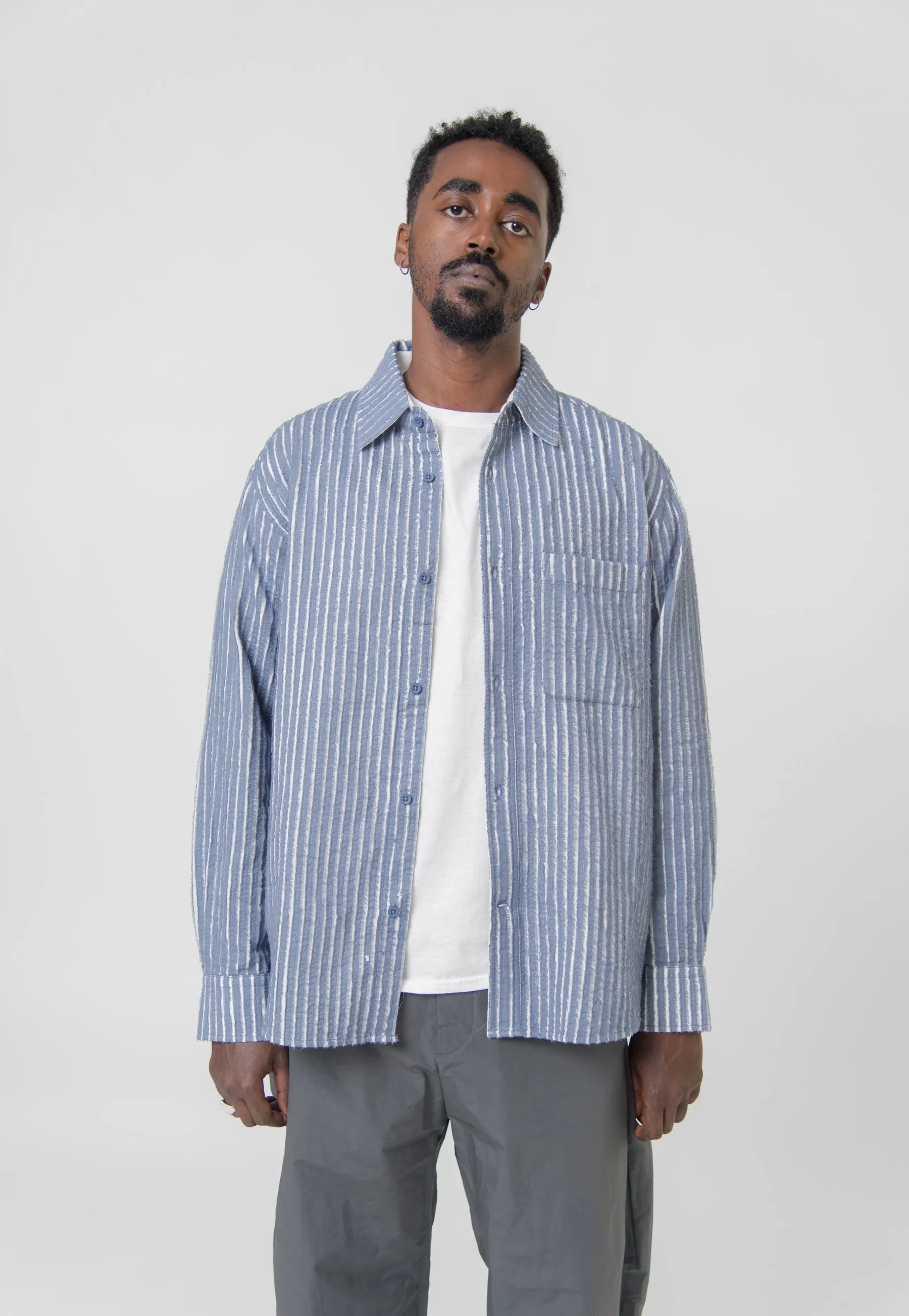 Hand Frayed Stripe Shirt Blue/Chalk