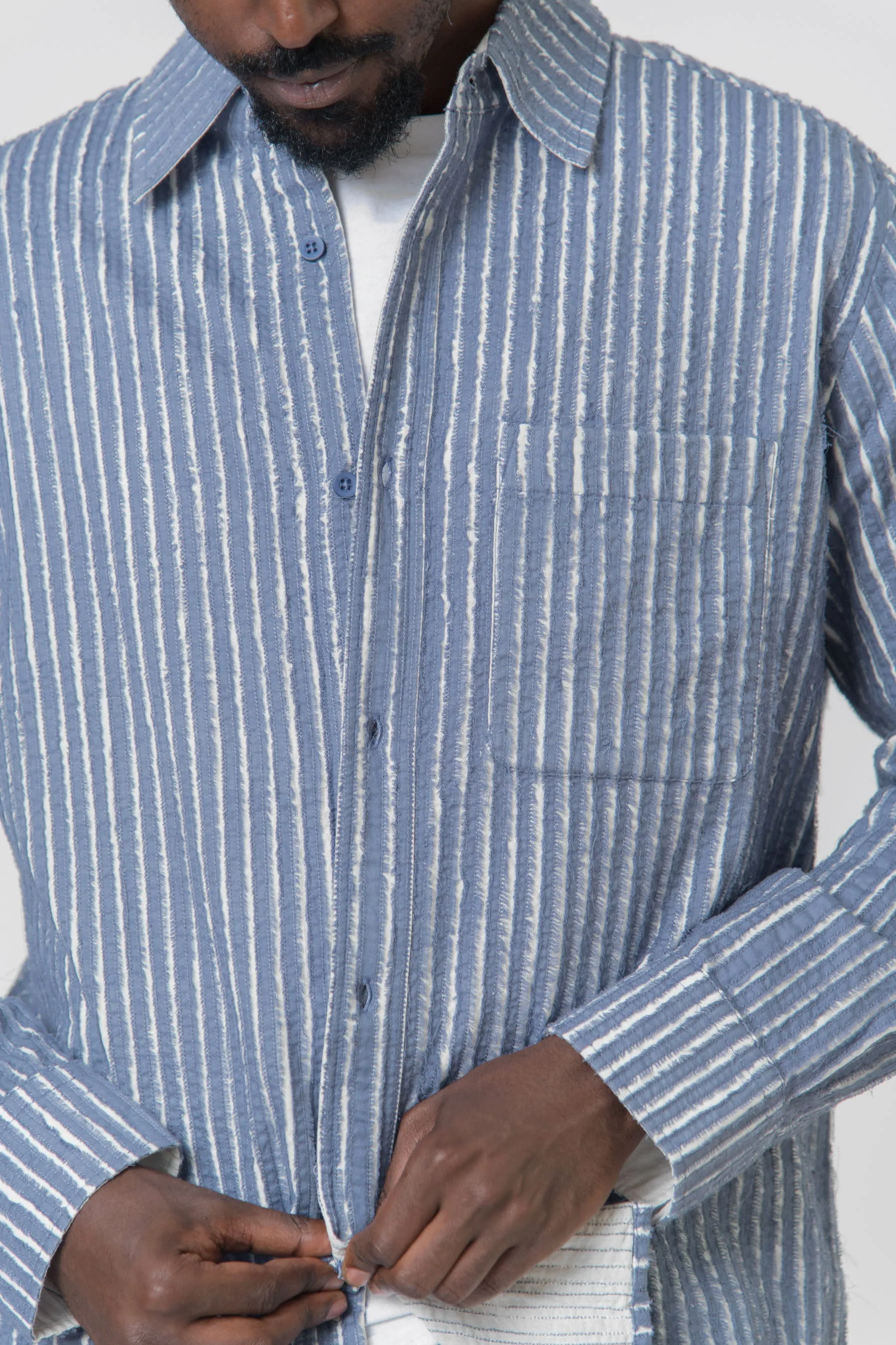 Hand Frayed Stripe Shirt Blue/Chalk