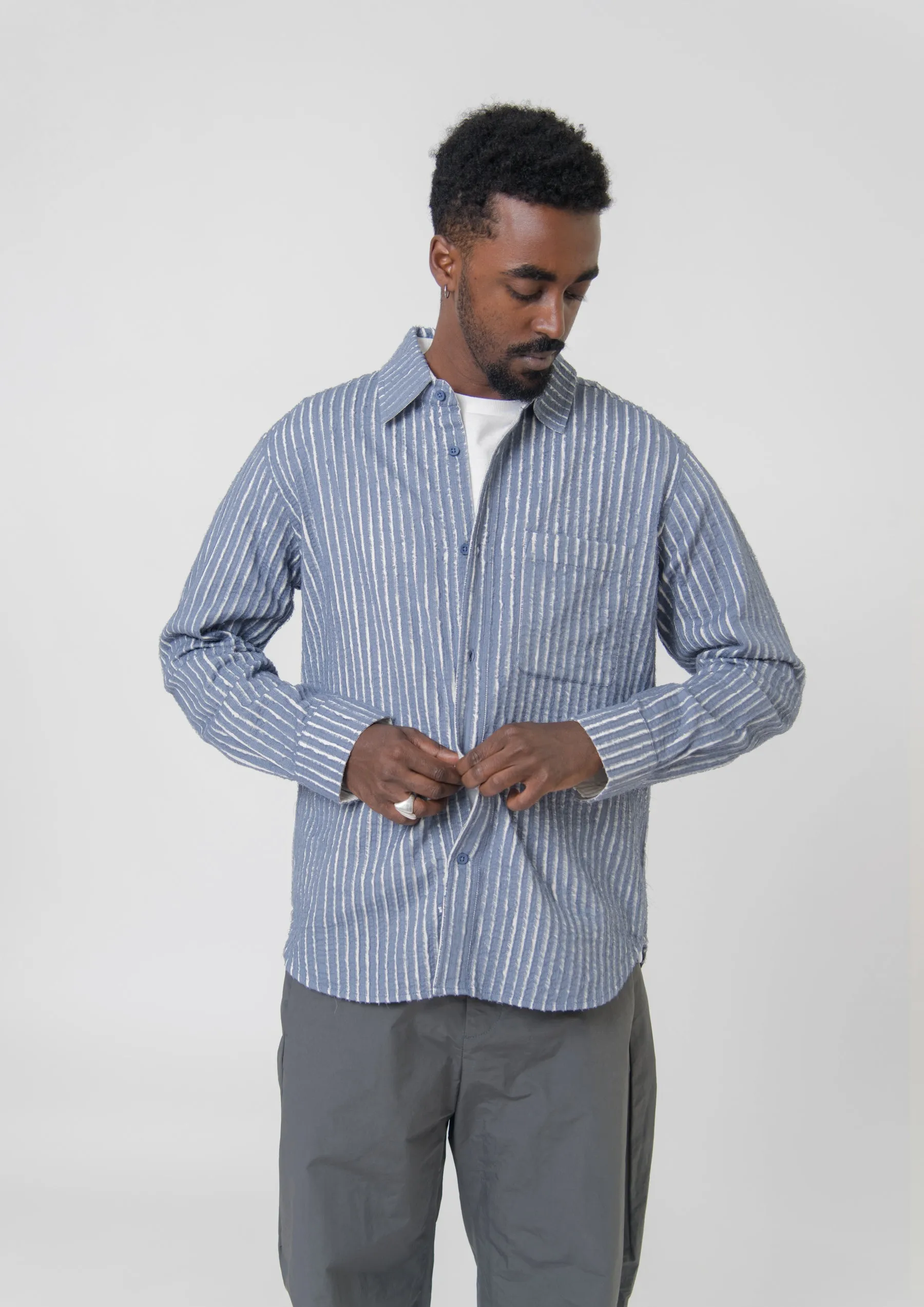 Hand Frayed Stripe Shirt Blue/Chalk