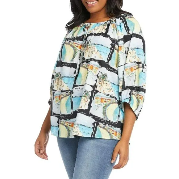 Karen Kane Women's Plus Boho Printed Peasant Blouse Tunic Top