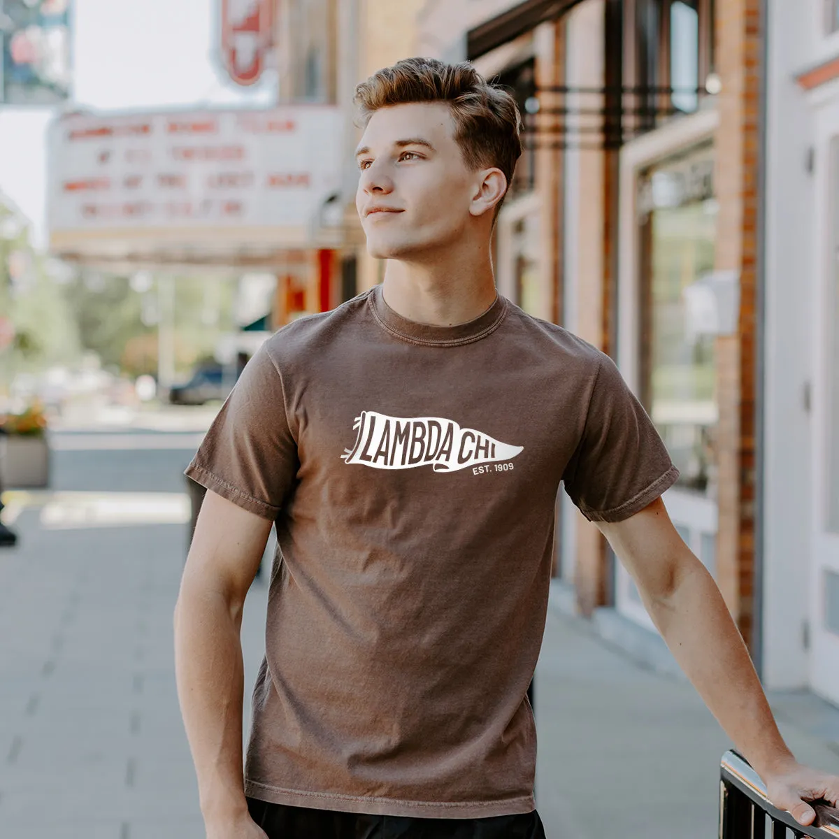 Lambda Chi Comfort Colors Brown Pennant Short Sleeve Tee