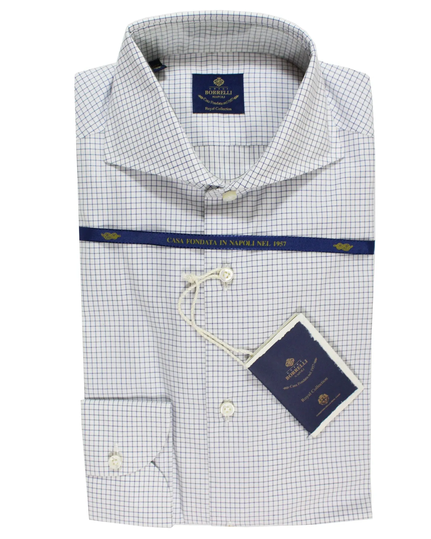 Luigi Borrelli Dress Shirt White Navy Graph Check - Royal Collection 38 - 15