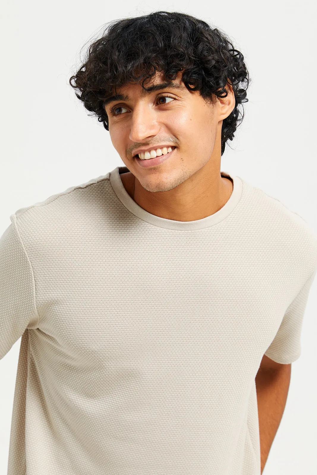 Men Beige Plain Jacquard T-Shirt