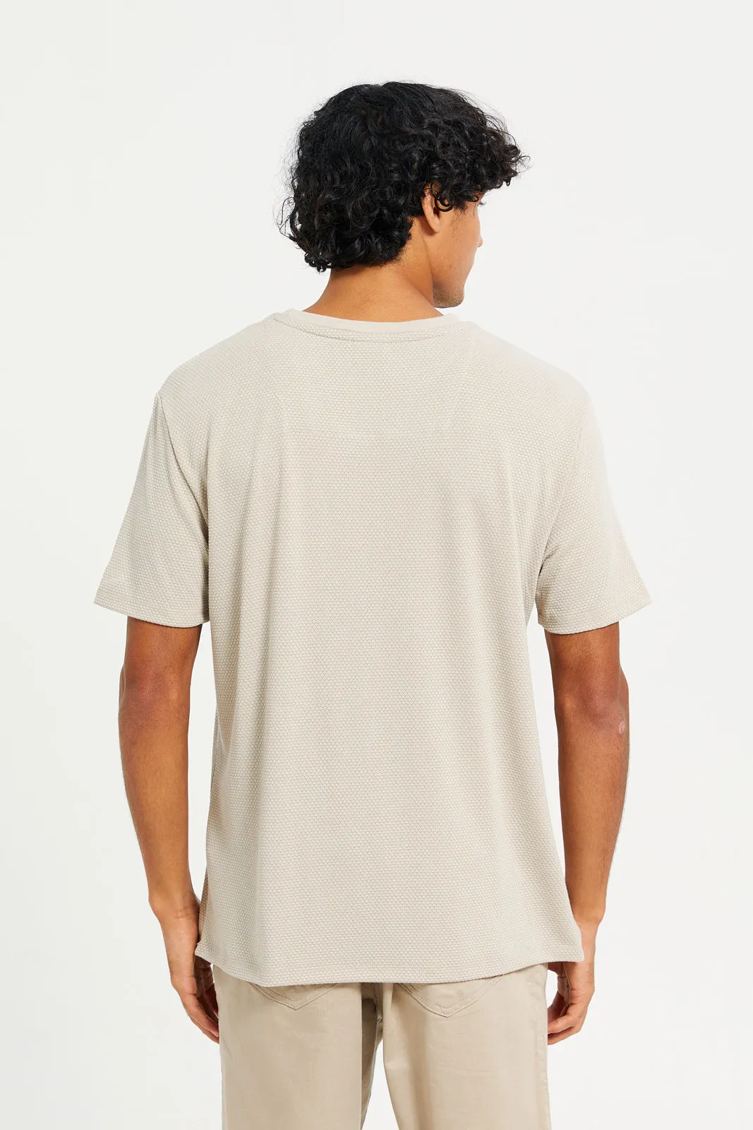 Men Beige Plain Jacquard T-Shirt