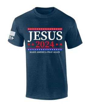 Mens Christian Tshirt Jesus 2024 Make America Pray Again Short Sleeve T-shirt Graphic Tee-Heather Navy-xl