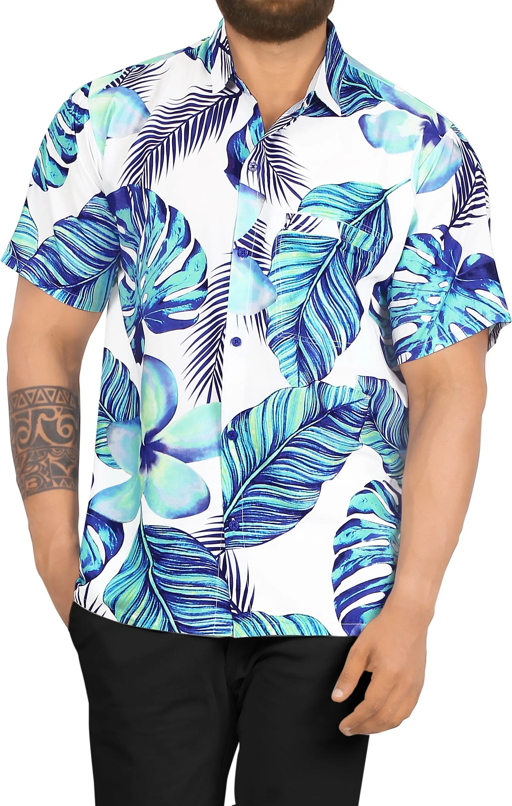 Men's Hibiscus and leaves Printed Beach Shirts in Stunning Blue Hues