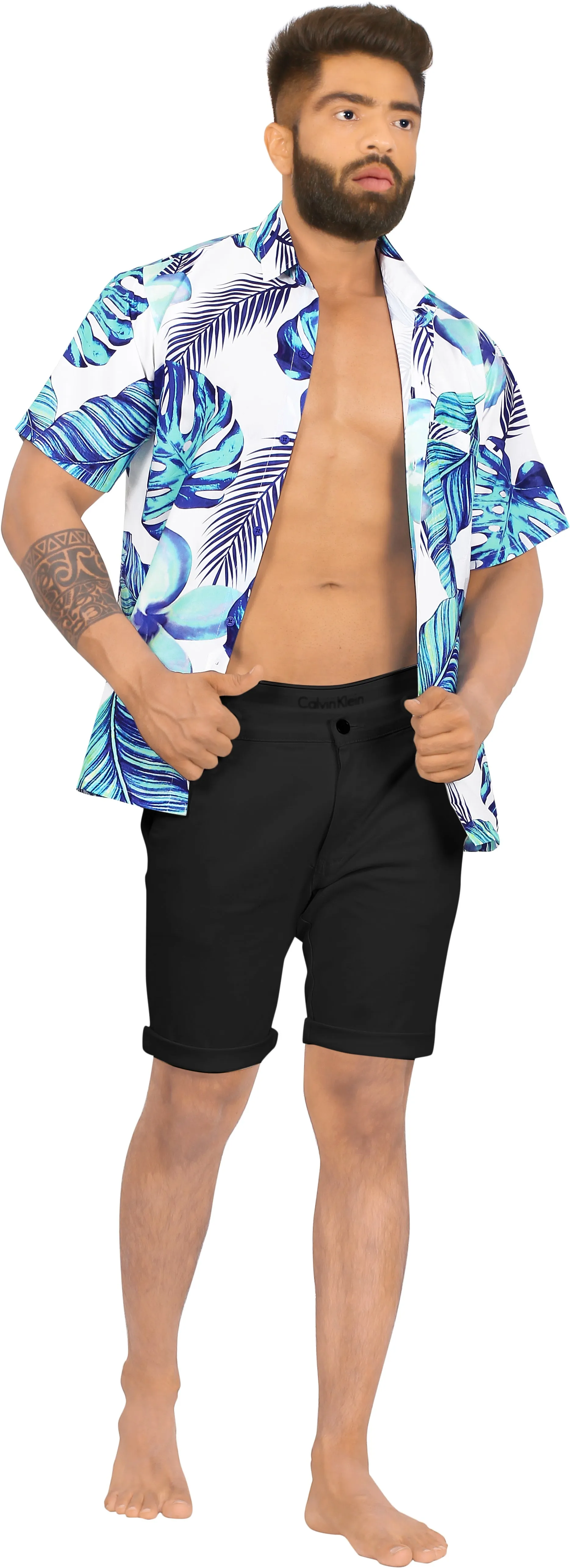 Men's Hibiscus and leaves Printed Beach Shirts in Stunning Blue Hues