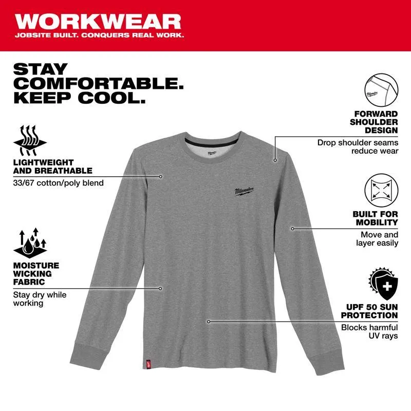 Milwaukee L Long Sleeve Men's Crew Neck Gray Hybrid Work Tee Shirt