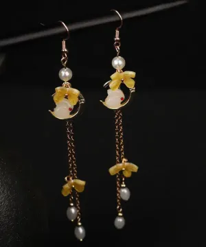 Modern Yellow Copper Overgild Pearl Tassel Agate Coloured Glaze Rabbit Drop Earrings LY8990