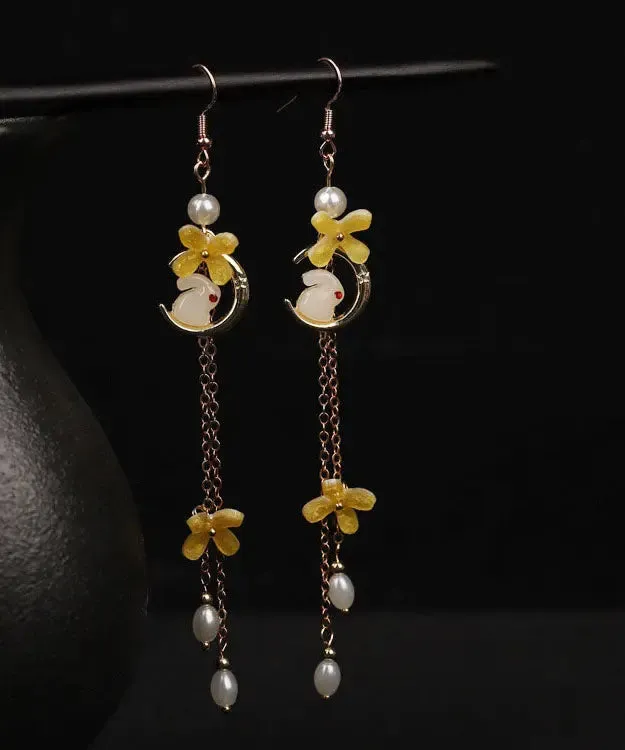 Modern Yellow Copper Overgild Pearl Tassel Agate Coloured Glaze Rabbit Drop Earrings LY8990