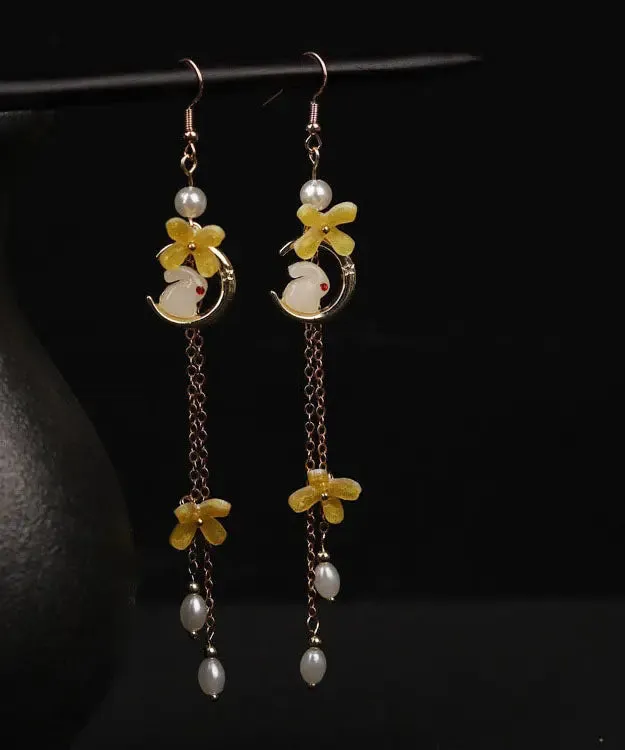 Modern Yellow Copper Overgild Pearl Tassel Agate Coloured Glaze Rabbit Drop Earrings LY8990