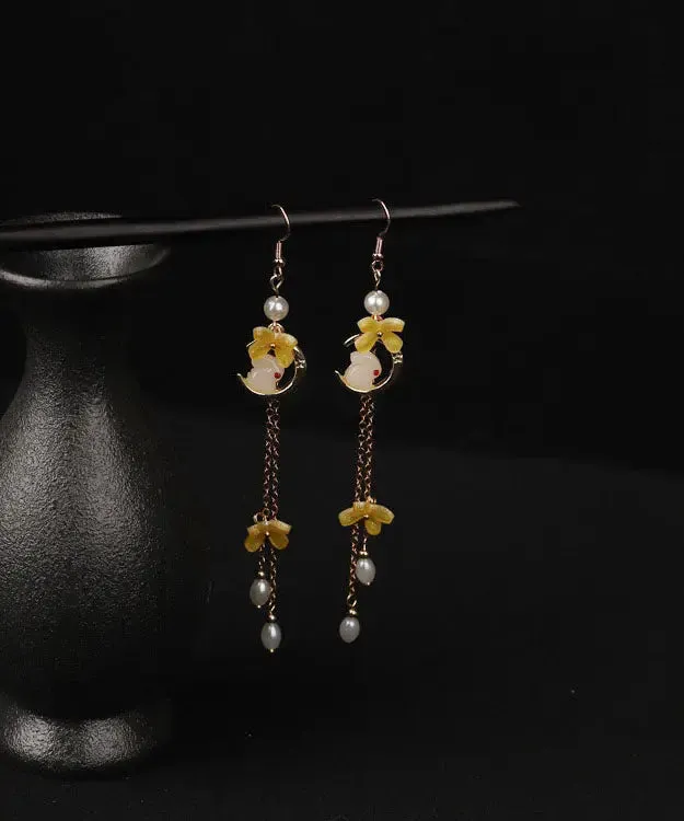 Modern Yellow Copper Overgild Pearl Tassel Agate Coloured Glaze Rabbit Drop Earrings LY8990