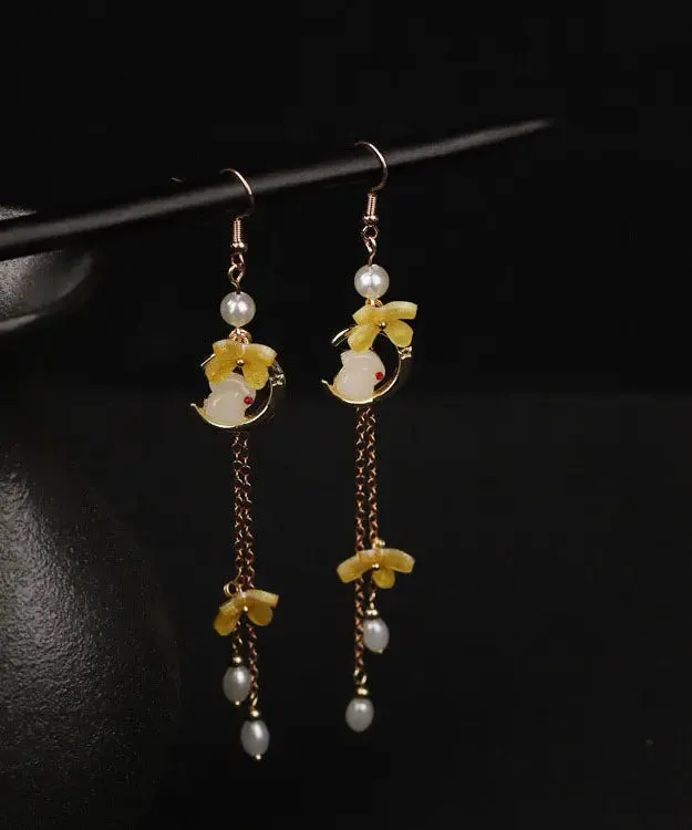 Modern Yellow Copper Overgild Pearl Tassel Agate Coloured Glaze Rabbit Drop Earrings LY8990