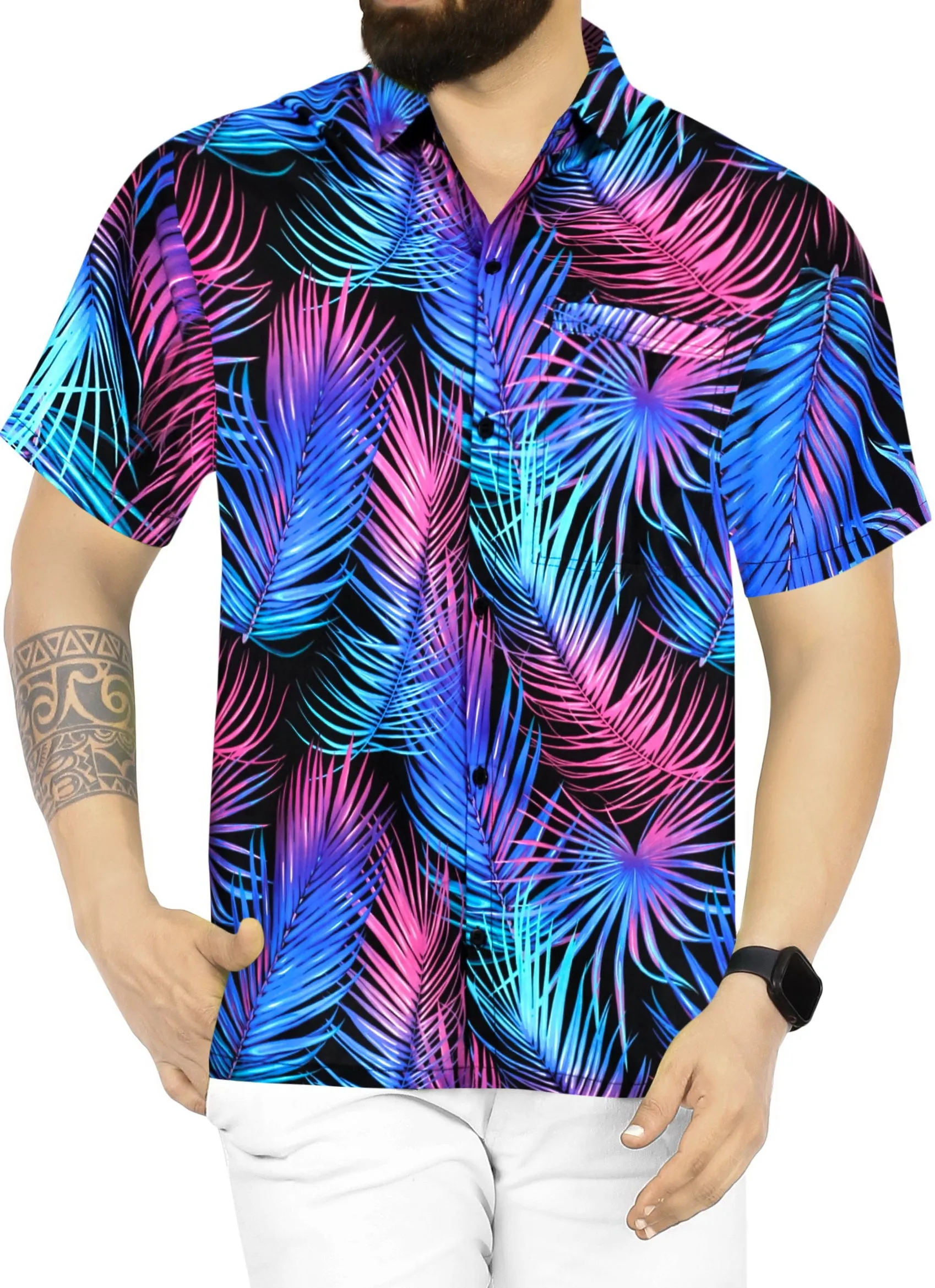 Multicolor Tropical Plam Leaves Allover Printed Hawaiian Beach Shirt For Men