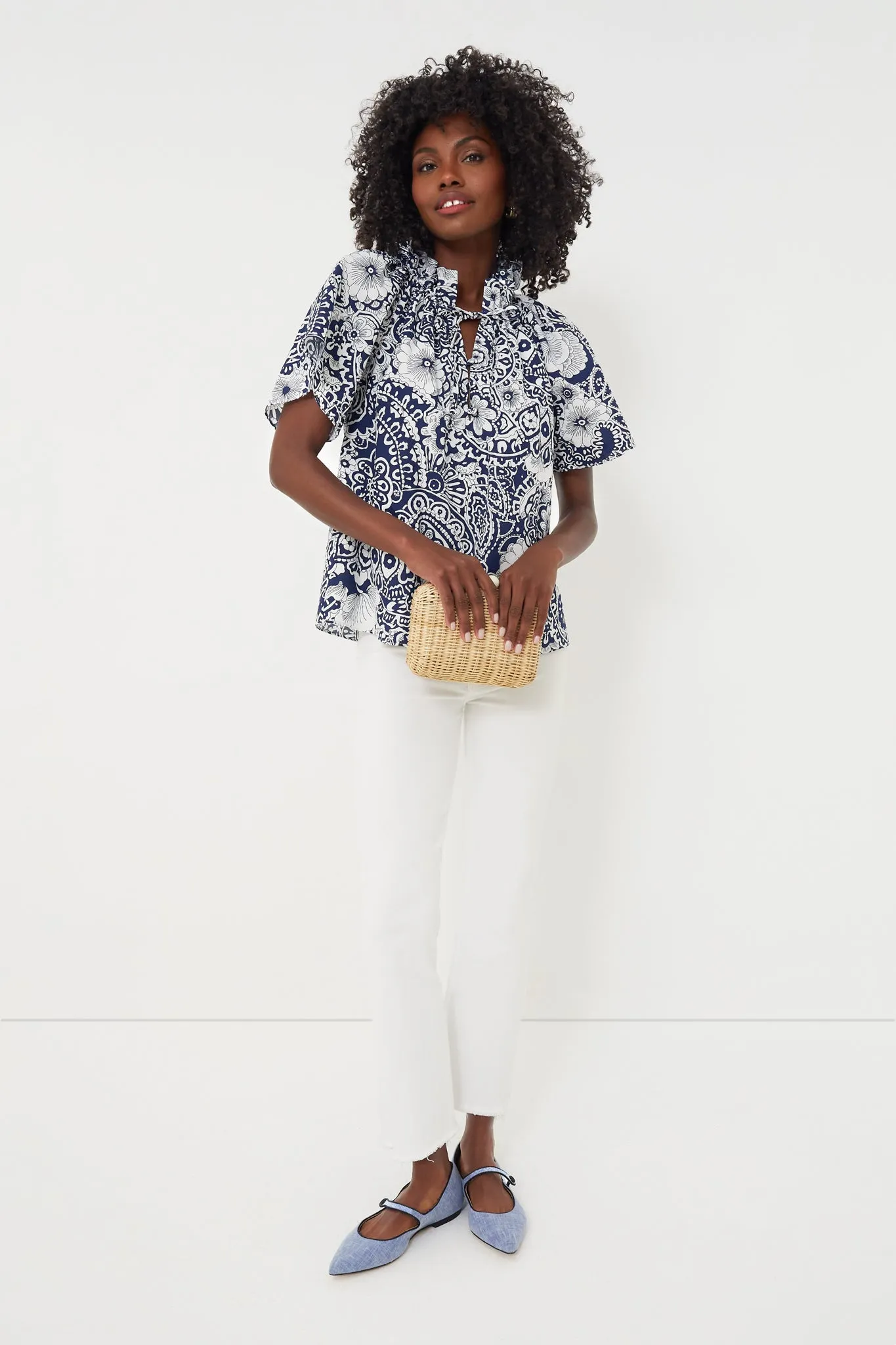 Navy and White Floral Thea Blouse