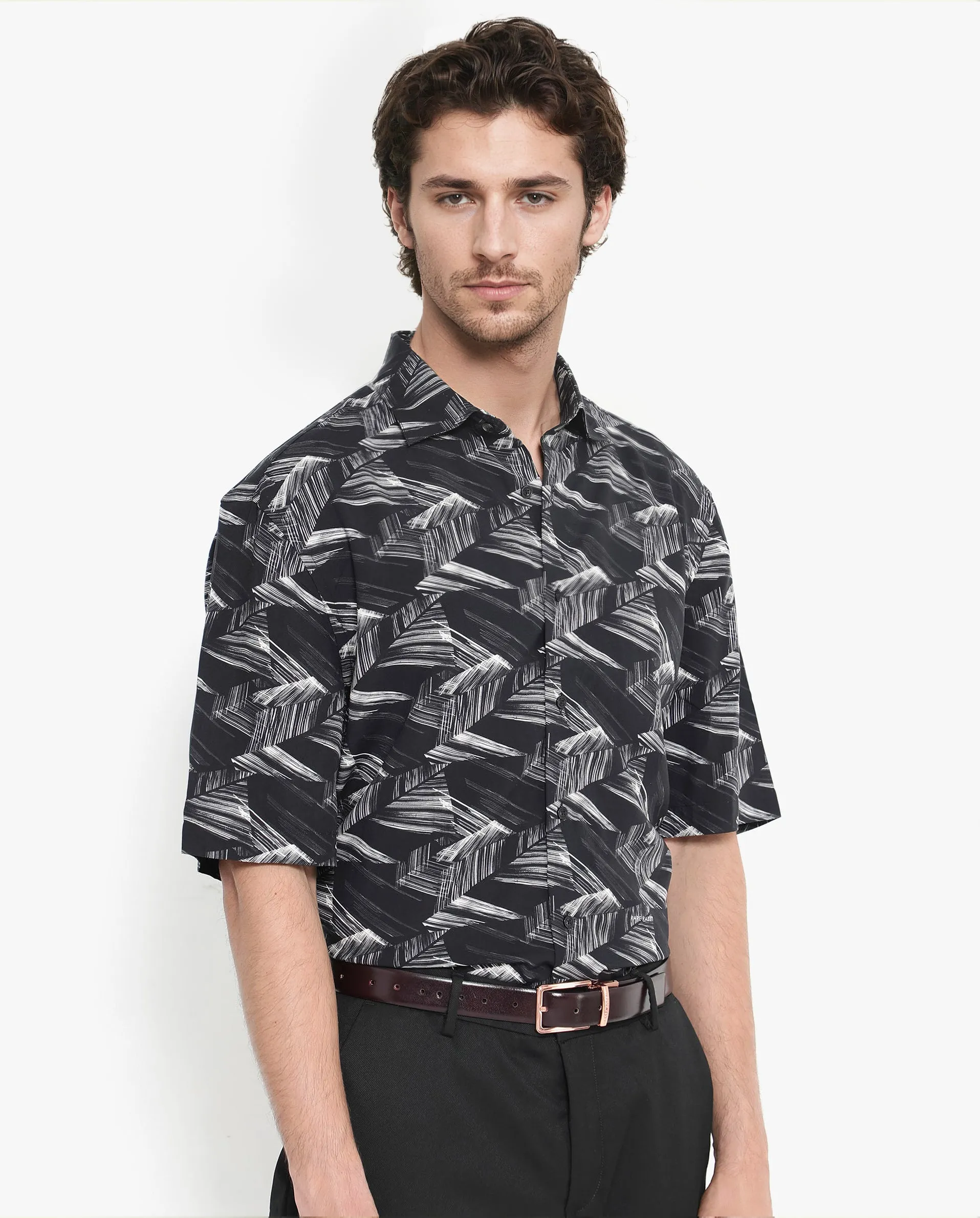 Rare Rabbit Men's Chain Black Viscose Fabric Short Sleeve Boxy Fit Abstract Print Shirt